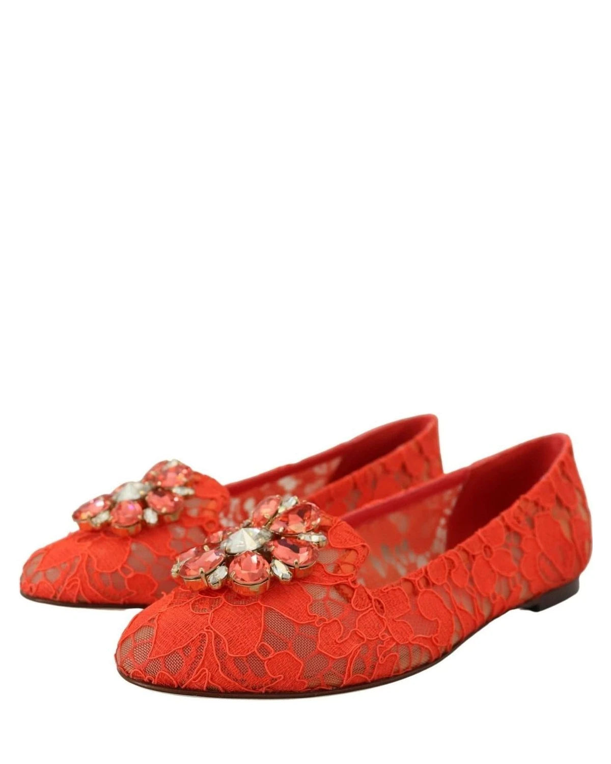 Dolce & Gabbana Red Lace Taormina Crystals Ballet Flats Flats
