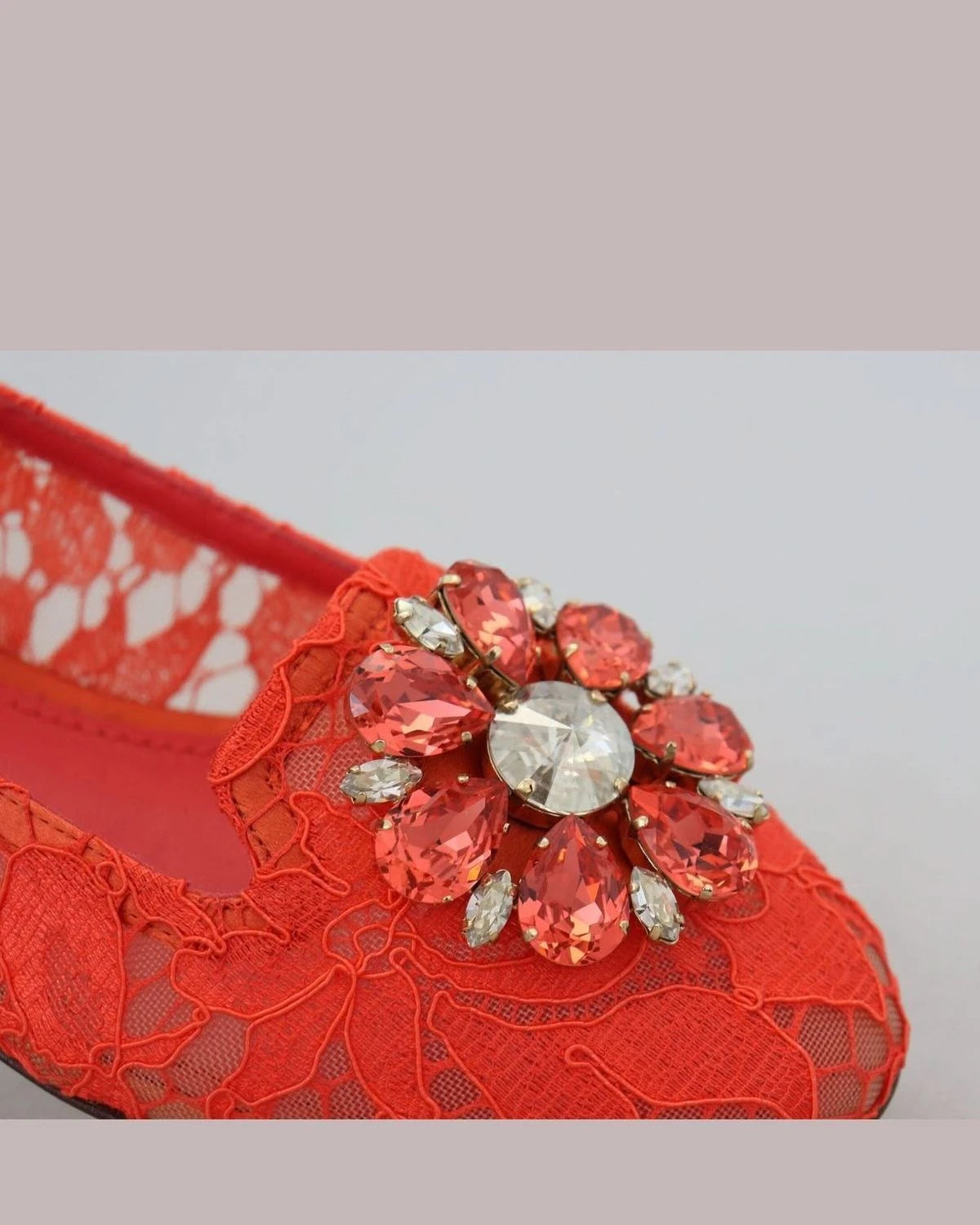 Dolce & Gabbana Red Lace Taormina Crystals Ballet Flats Flats