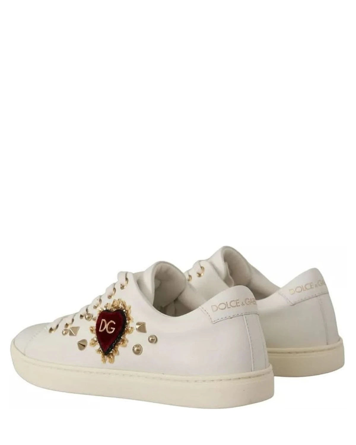Dolce & Gabbana White Leather Gold Red Heart Sneakers Sneakers