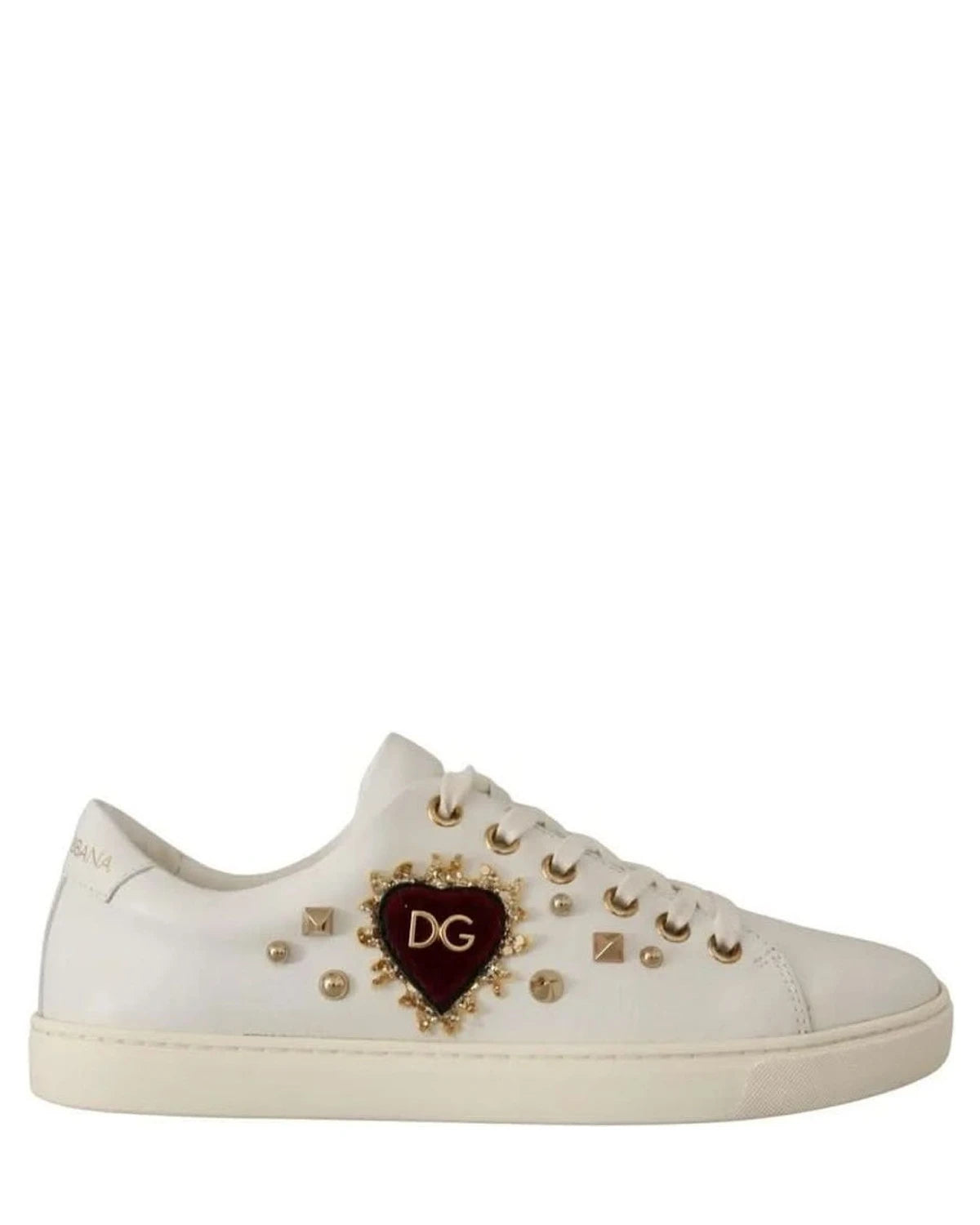 Dolce & Gabbana White Leather Gold Red Heart Sneakers Sneakers