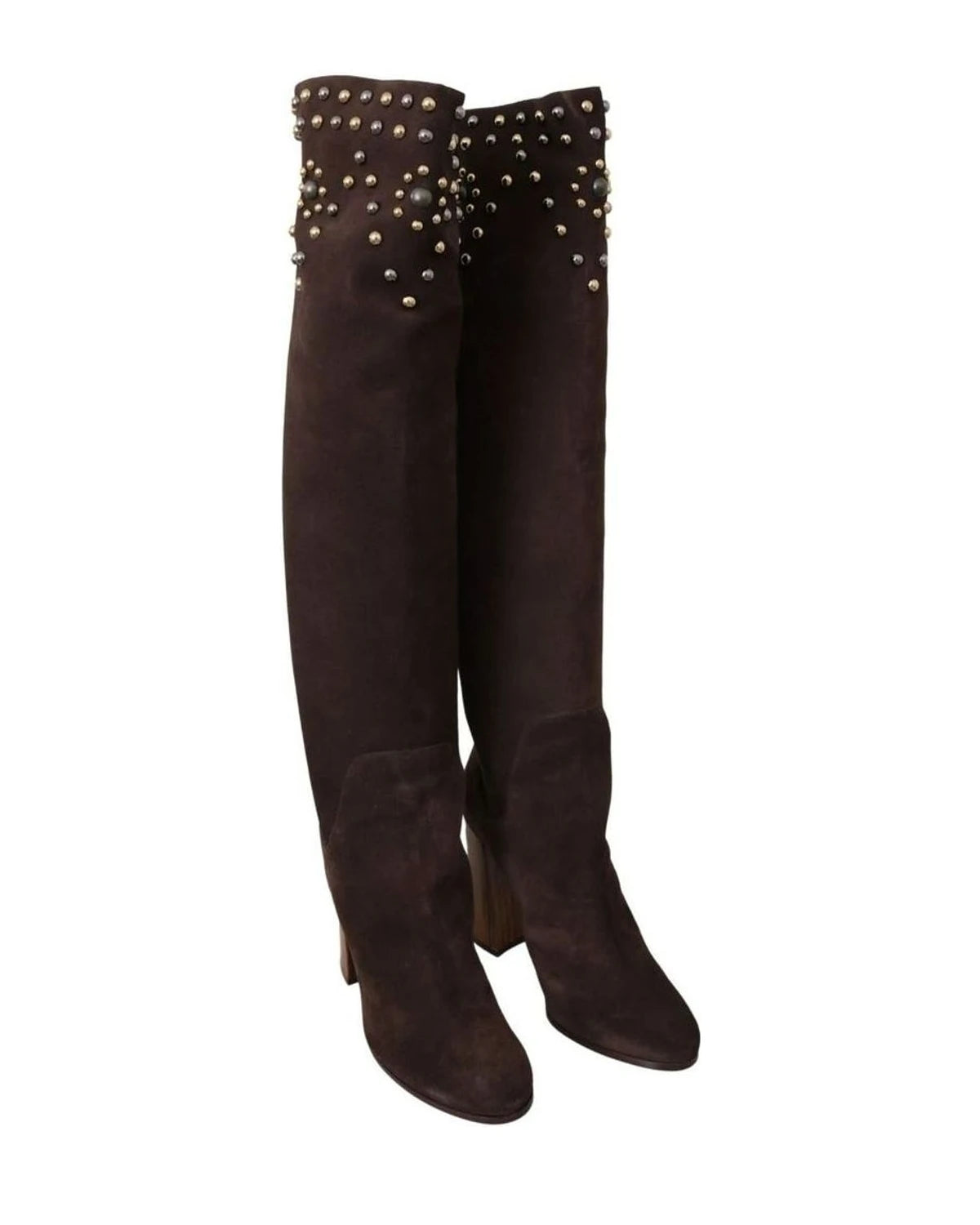 Dolce & Gabbana Brown Suede Studded Knee High Shoes Boots Boots