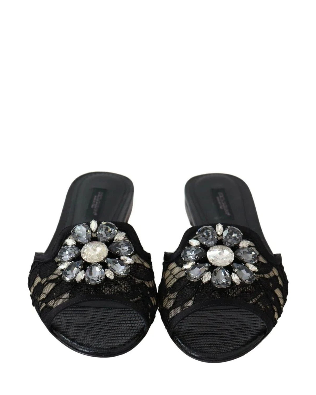 Dolce & Gabbana Black Lace Taormina Slides Crystals Flats Shoes Flats