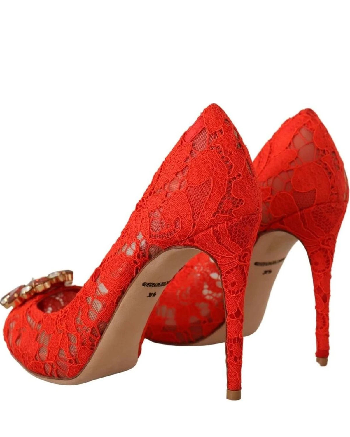 Dolce & Gabbana Red Lace Taormina Crystal Heels Pumps Heels