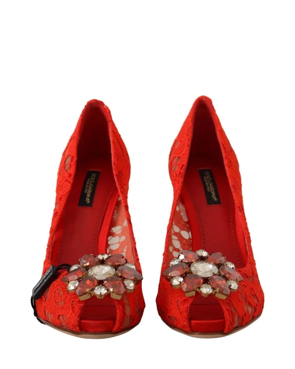Dolce & Gabbana Red Lace Taormina Crystal Heels Pumps Heels