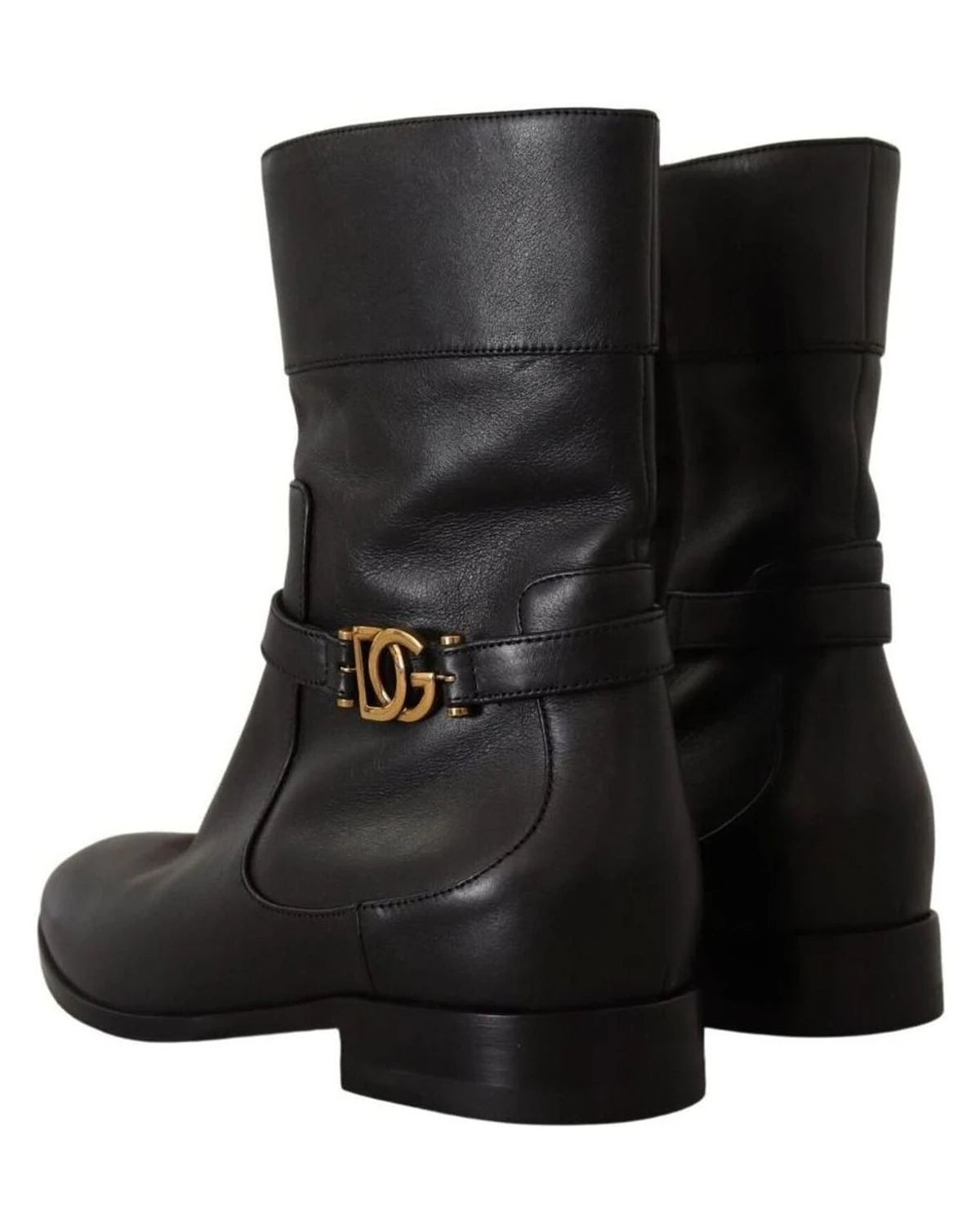 Dolce & Gabbana Black Leather Flats Logo Short Boots Boots