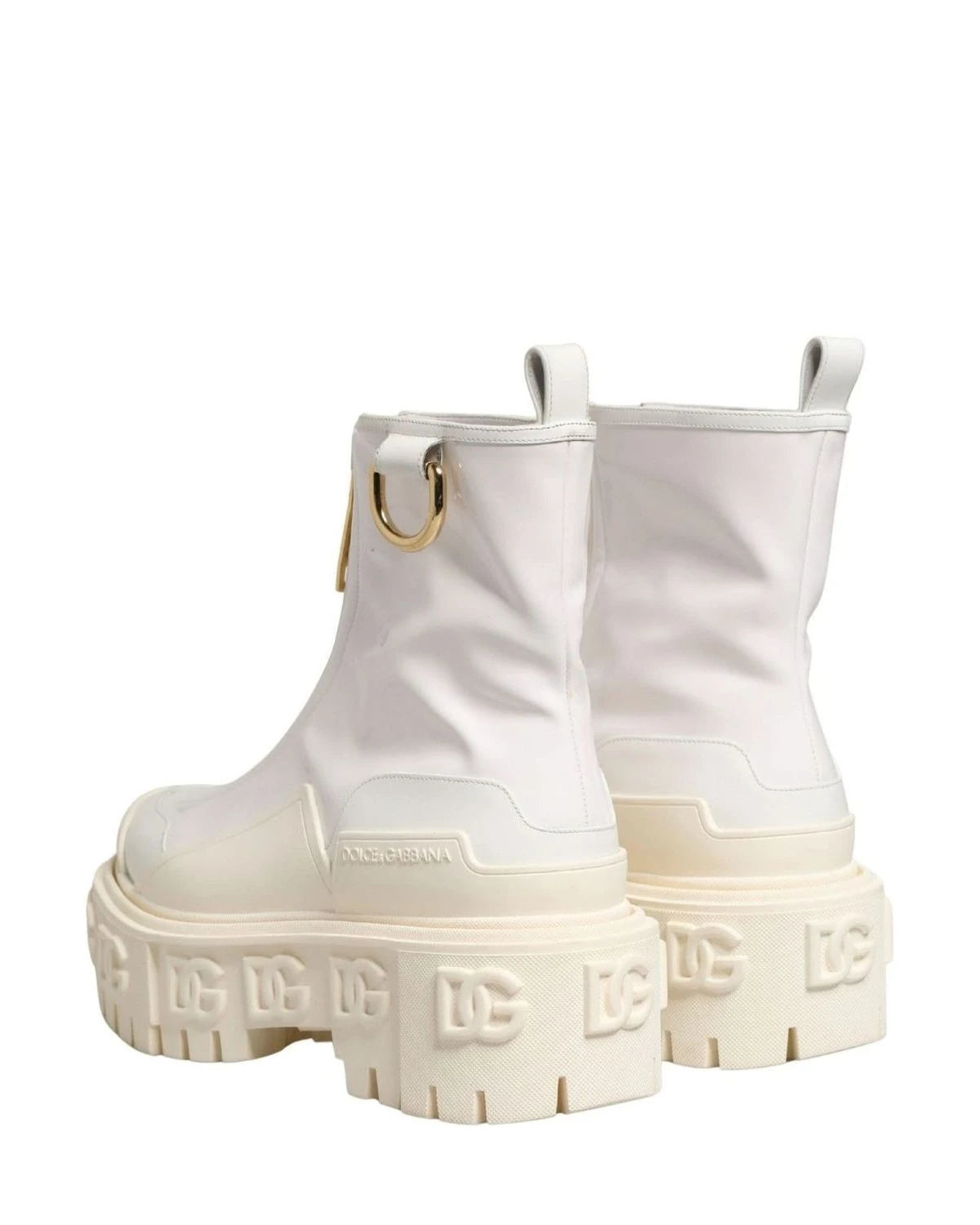 Dolce & Gabbana White Leather Rubber Logo Ankle Boots