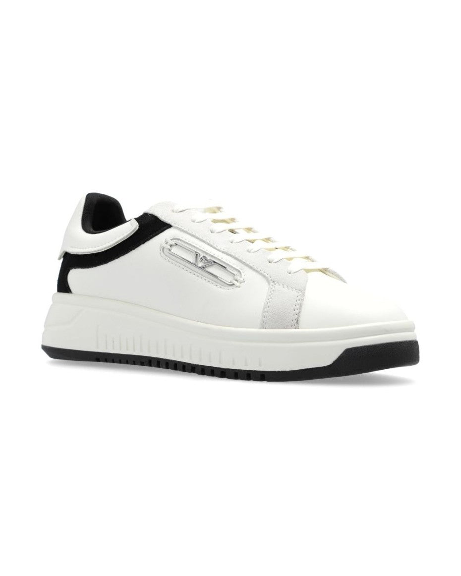 Armani Leather Emporio Exclusive Sneakers with Suede Details and Eagle Plaque Glam Steals