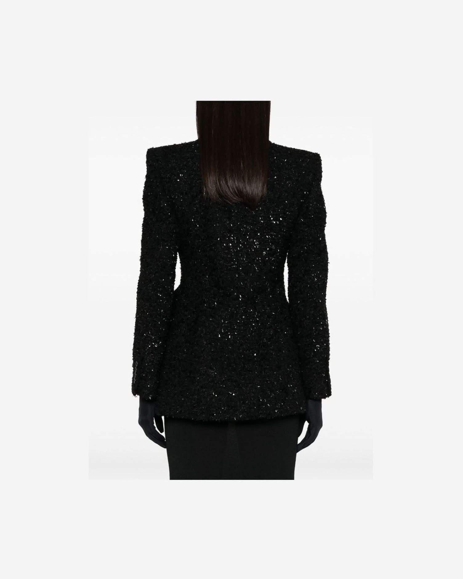 Balenciaga Tweed Hourglass Texture Padded Shoulder Wool Blend Blazer Suits