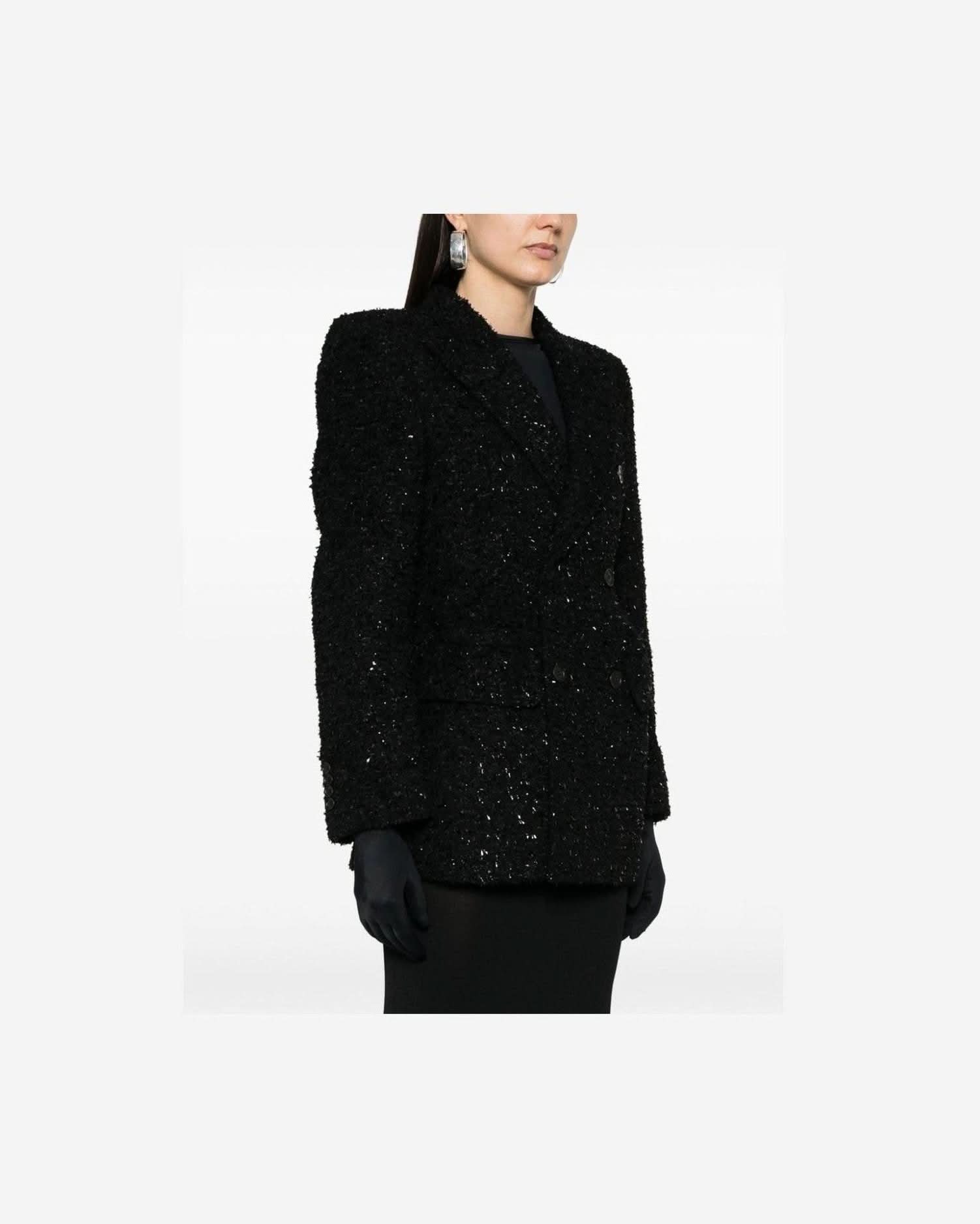 Balenciaga Tweed Hourglass Texture Padded Shoulder Wool Blend Blazer Suits