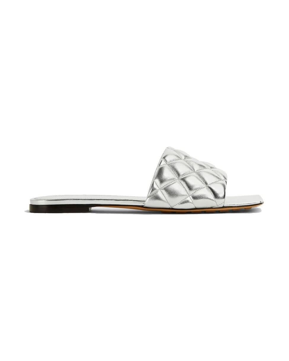 Bottega Veneta Silver Calfskin Flat Sandals Flats