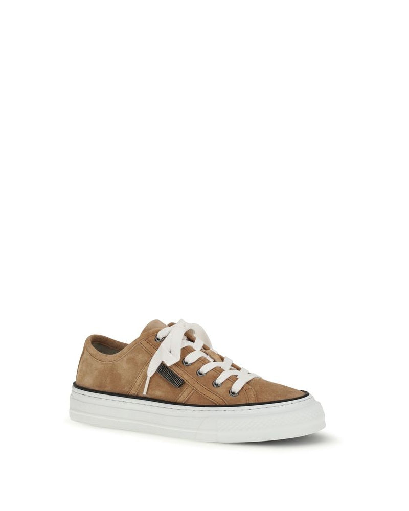 Brunello Cucinelli Beige Calf Leather Bos Taurus Low Top Sneakers