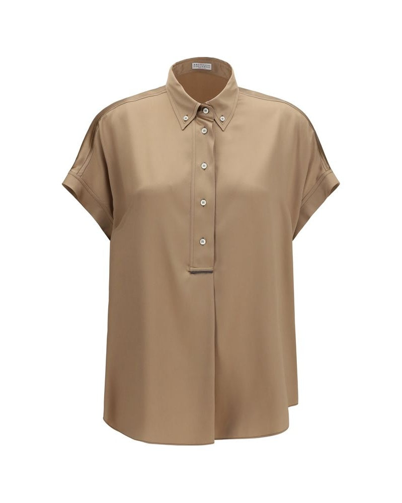 Brunello Cucinelli Beige Silk Shortsleeve Shirt Glam Steals