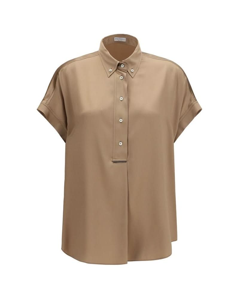 Brunello Cucinelli Beige Silk Shortsleeve Shirt Glam Steals