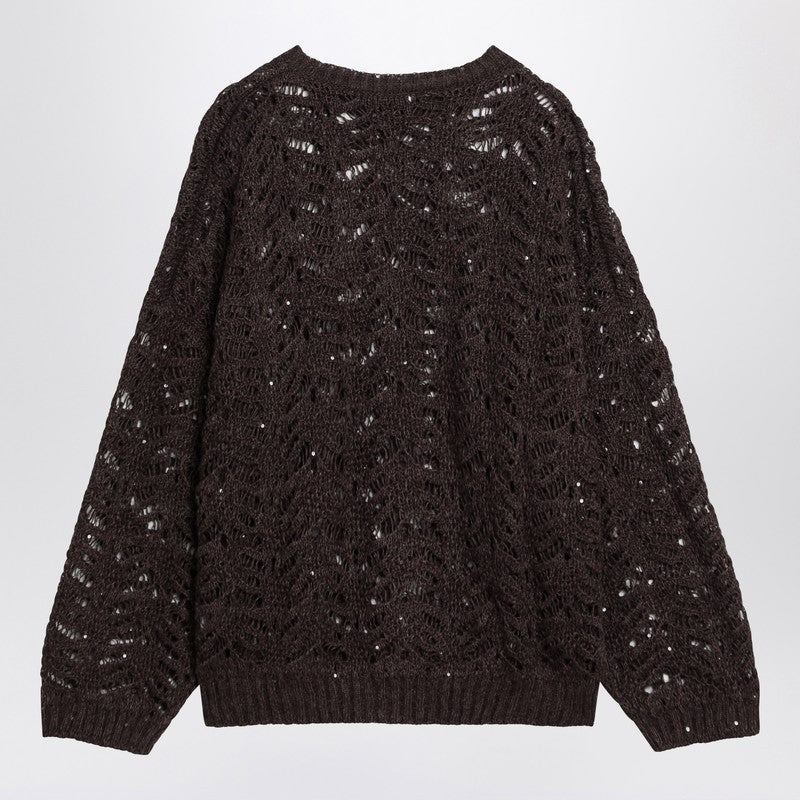 Brunello Cucinelli Brown Perforated Sweater with Micro Sequins Glam Steals