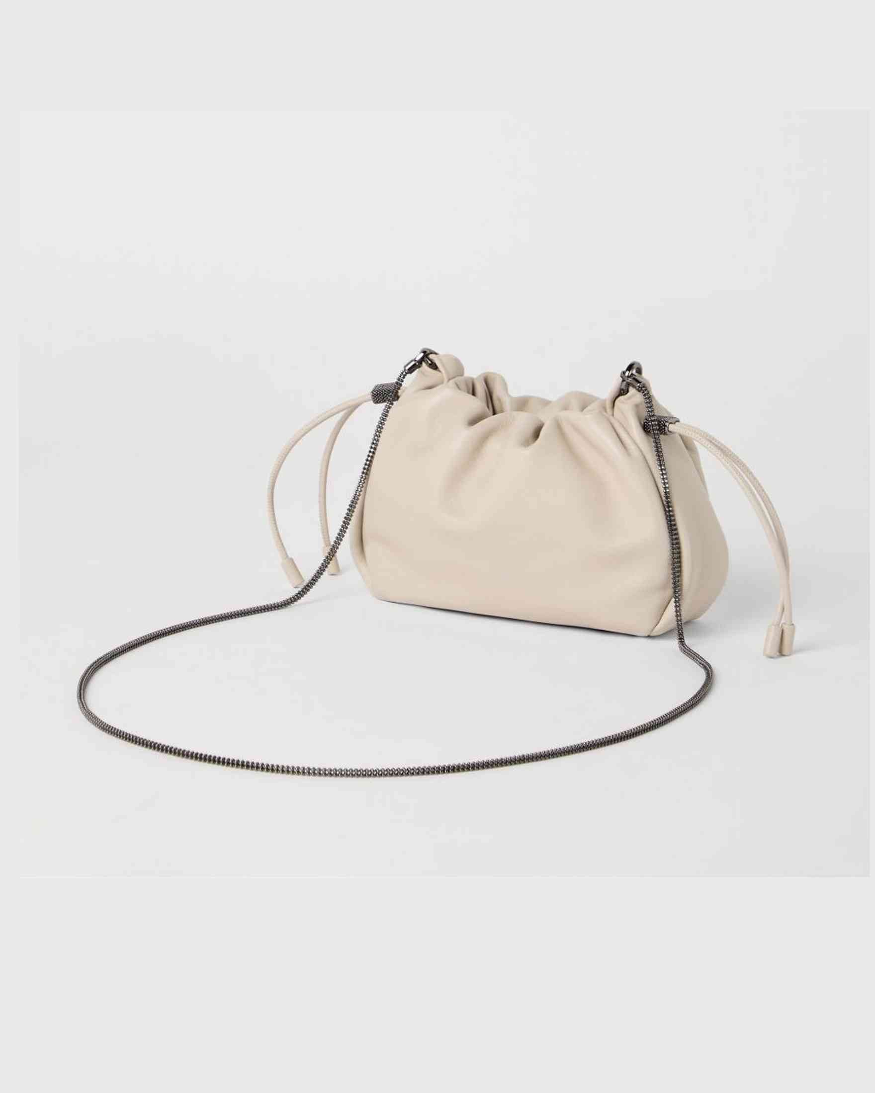 Brunello Cucinelli Leather Bucket Mellow Mini Bag in Soft with Precious Chain Glam Steals