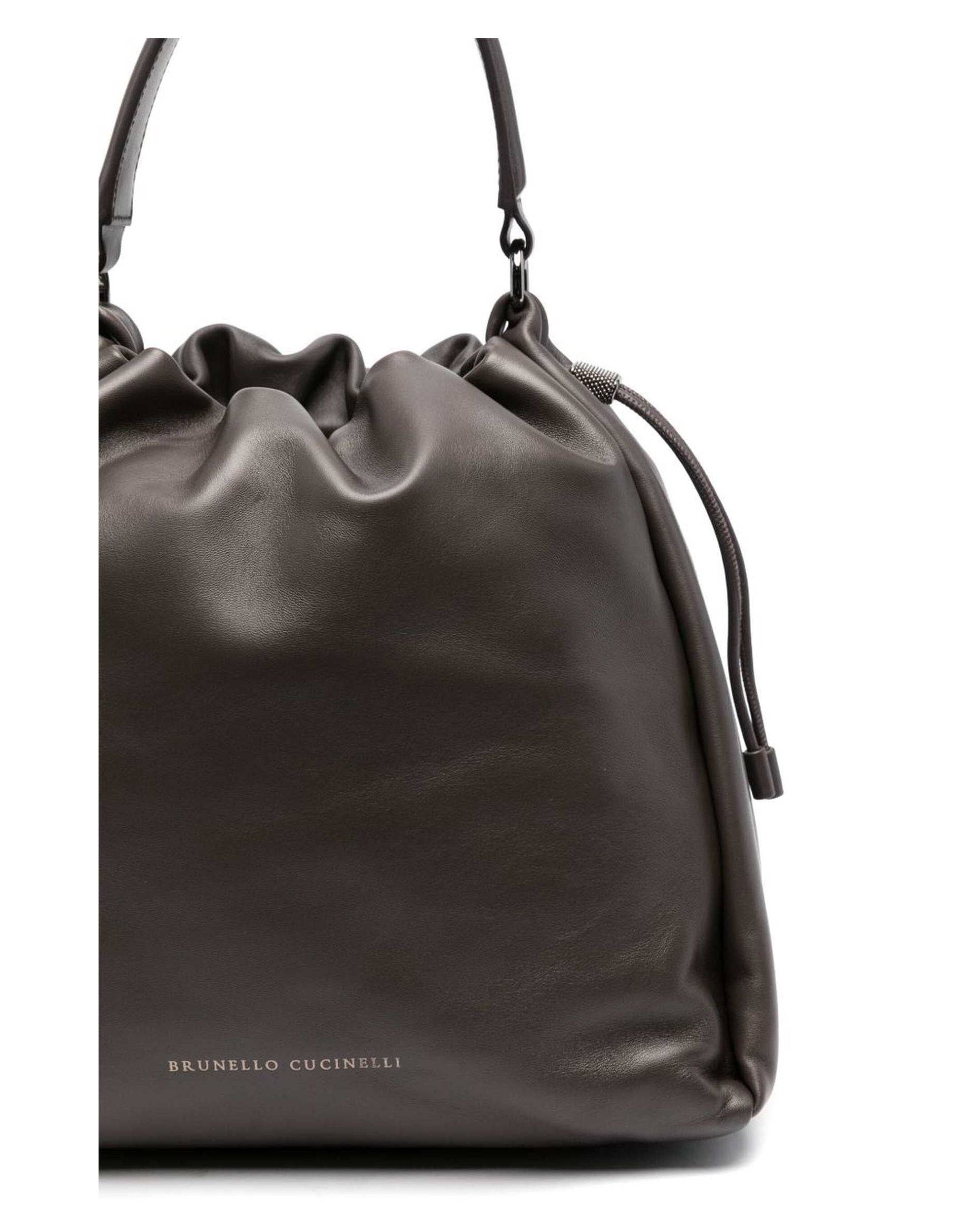 Brunello Cucinelli Leather Mellow Small Bucket Bag in Soft with Monili Glam Steals