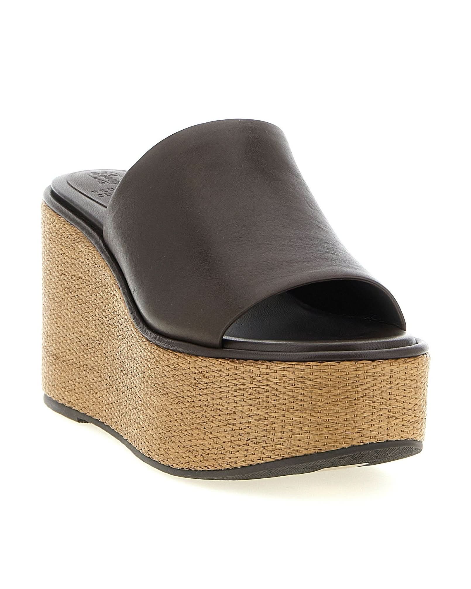 Brunello Cucinelli Leather Raffia Wedges Sandals