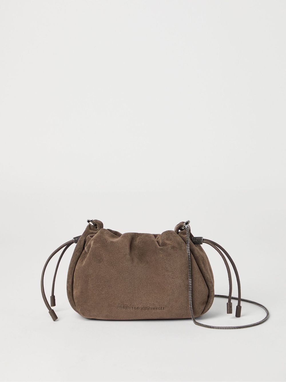 Brunello Cucinelli Suede Mellow Mini Bucket Bag in with Precious Chain Glam Steals