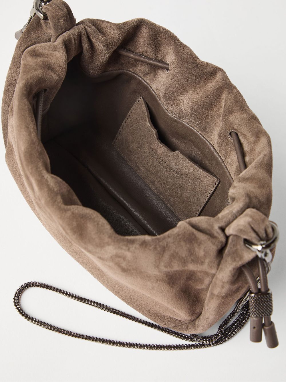 Brunello Cucinelli Suede Mellow Mini Bucket Bag in with Precious Chain Glam Steals