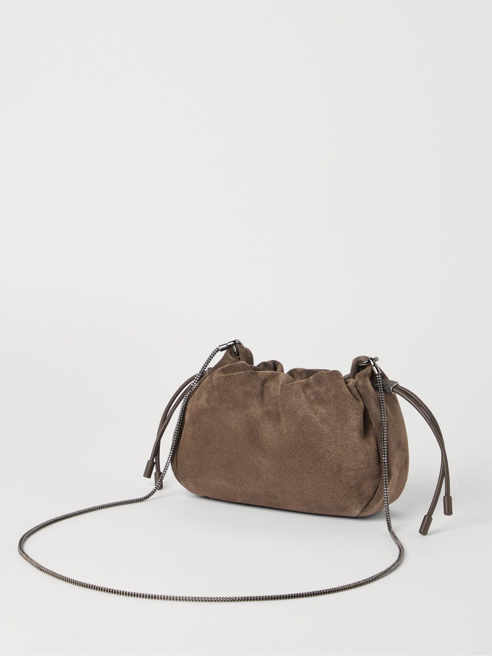 Brunello Cucinelli Suede Mellow Mini Bucket Bag in with Precious Chain Glam Steals