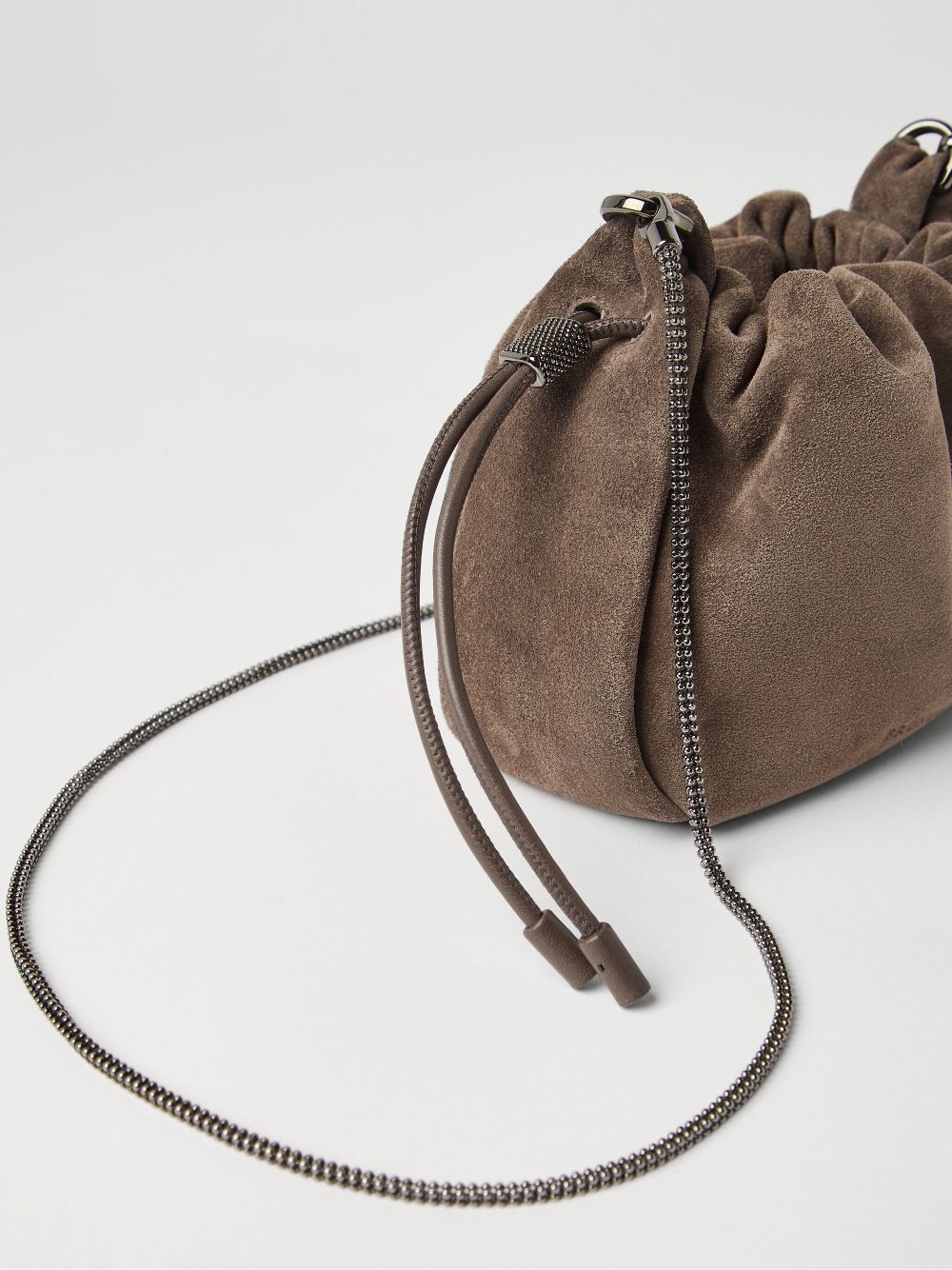 Brunello Cucinelli Suede Mellow Mini Bucket Bag in with Precious Chain Glam Steals