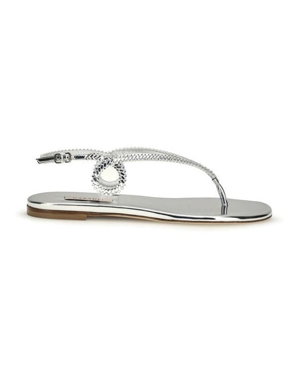 Casadei Silver Calf Leather Bos Taurus Flat Sandals
