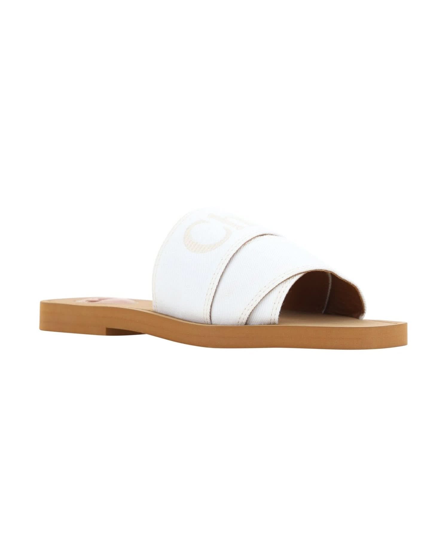 Chloé Elegant White Cotton Slide Sandals Flats