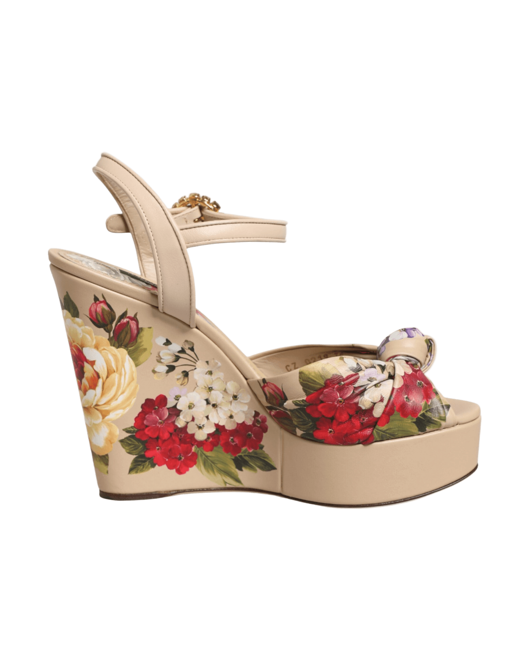 Dolce & Gabbana Beige Floral Ankle Strap Wedge Sandals Shoes Sandals