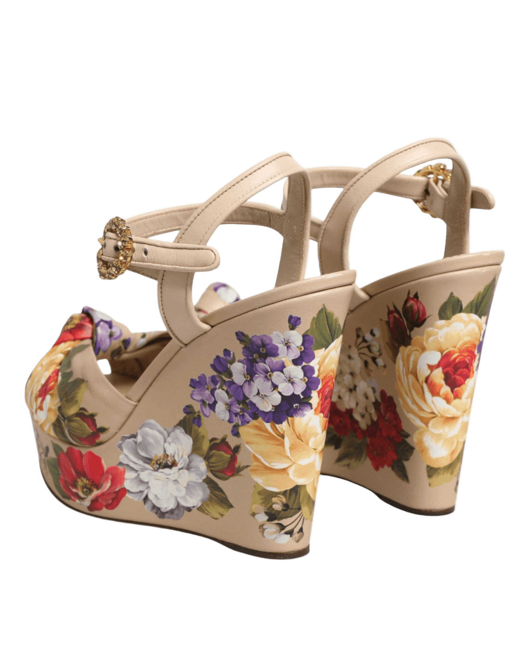 Dolce & Gabbana Beige Floral Ankle Strap Wedge Sandals Shoes Sandals