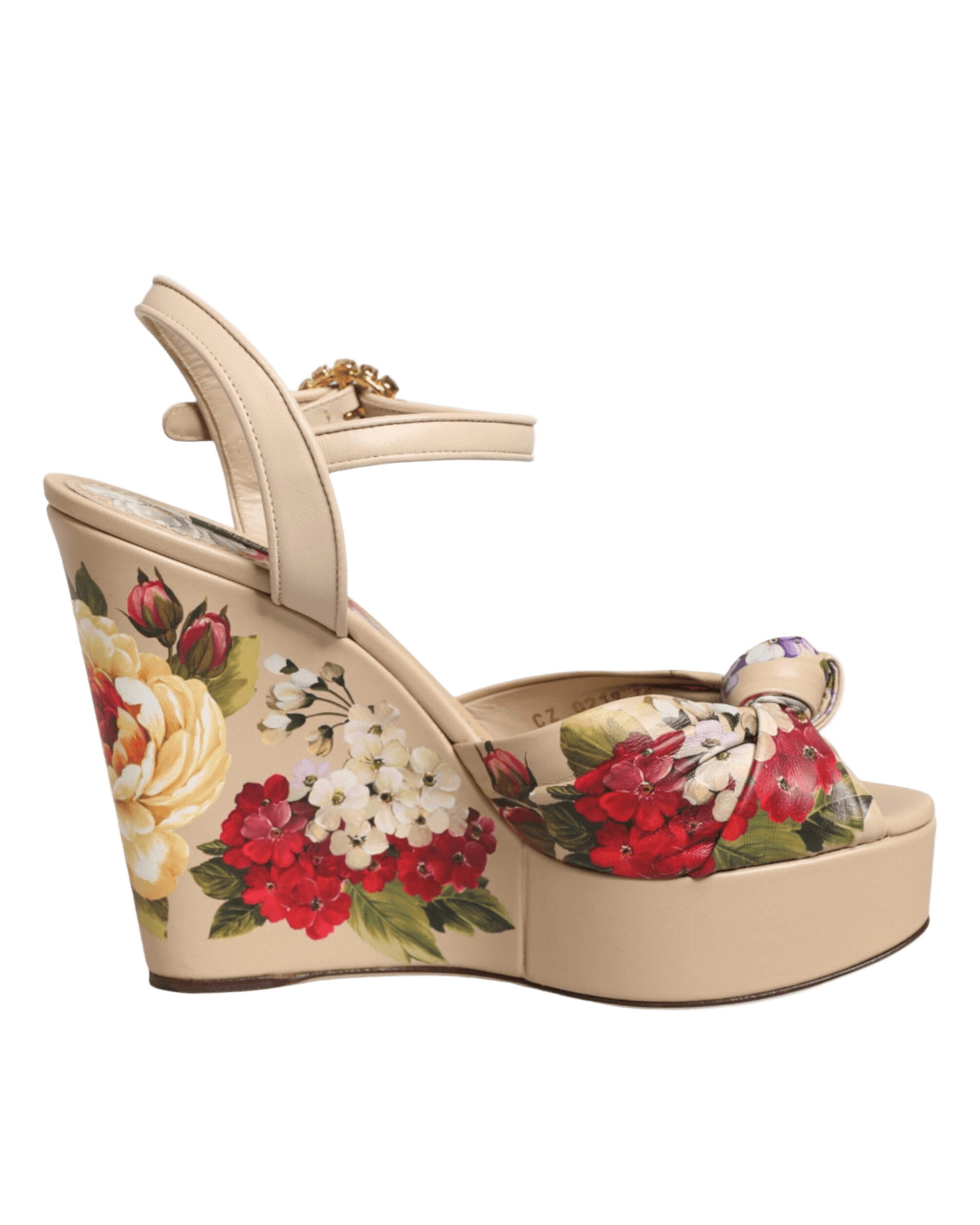 Dolce & Gabbana Beige Floral Ankle Strap Wedge Sandals Shoes Sandals