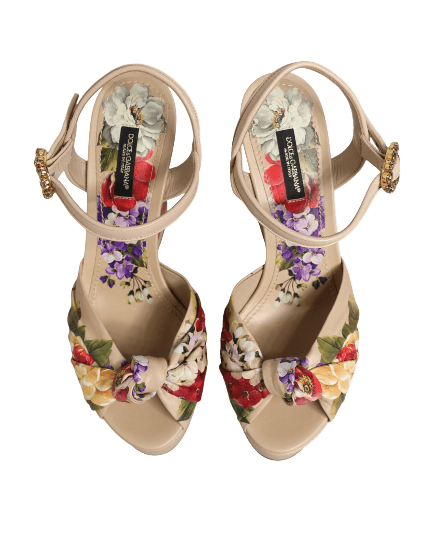 Dolce & Gabbana Beige Floral Ankle Strap Wedge Sandals Shoes Sandals