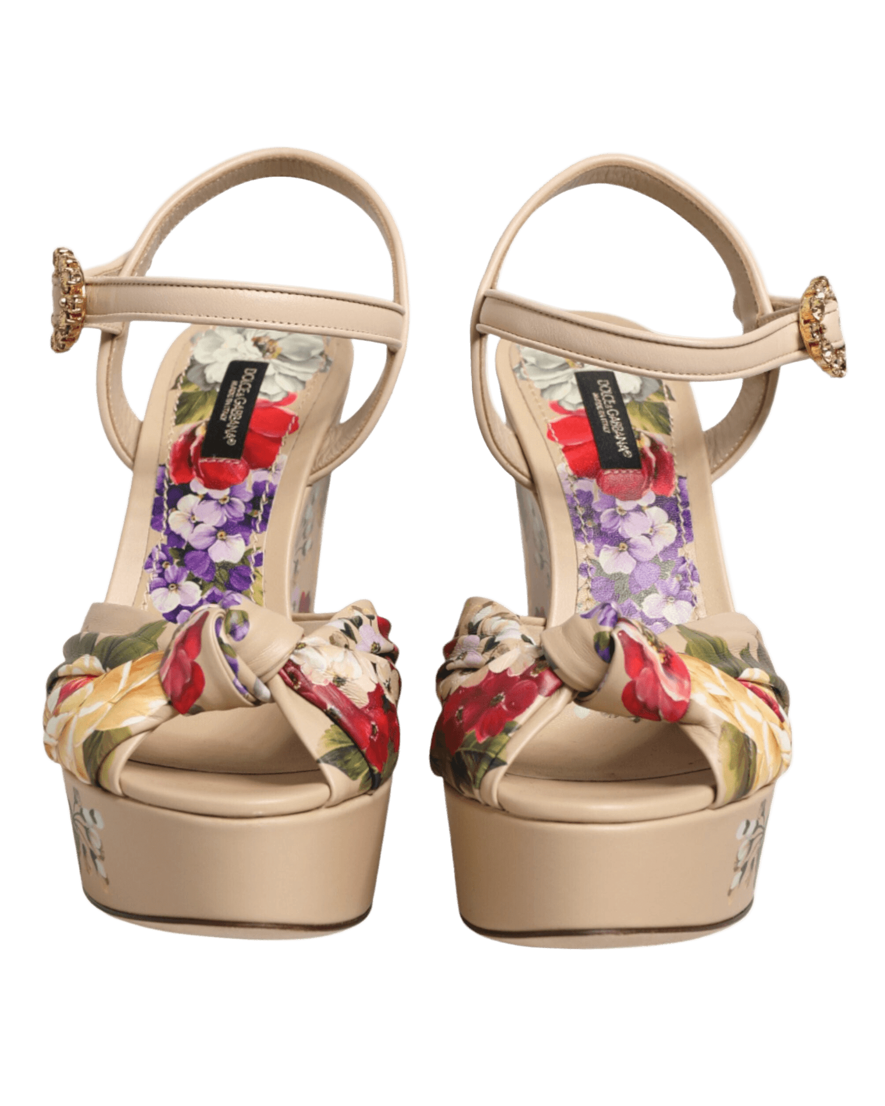 Dolce & Gabbana Beige Floral Ankle Strap Wedge Sandals Shoes Sandals