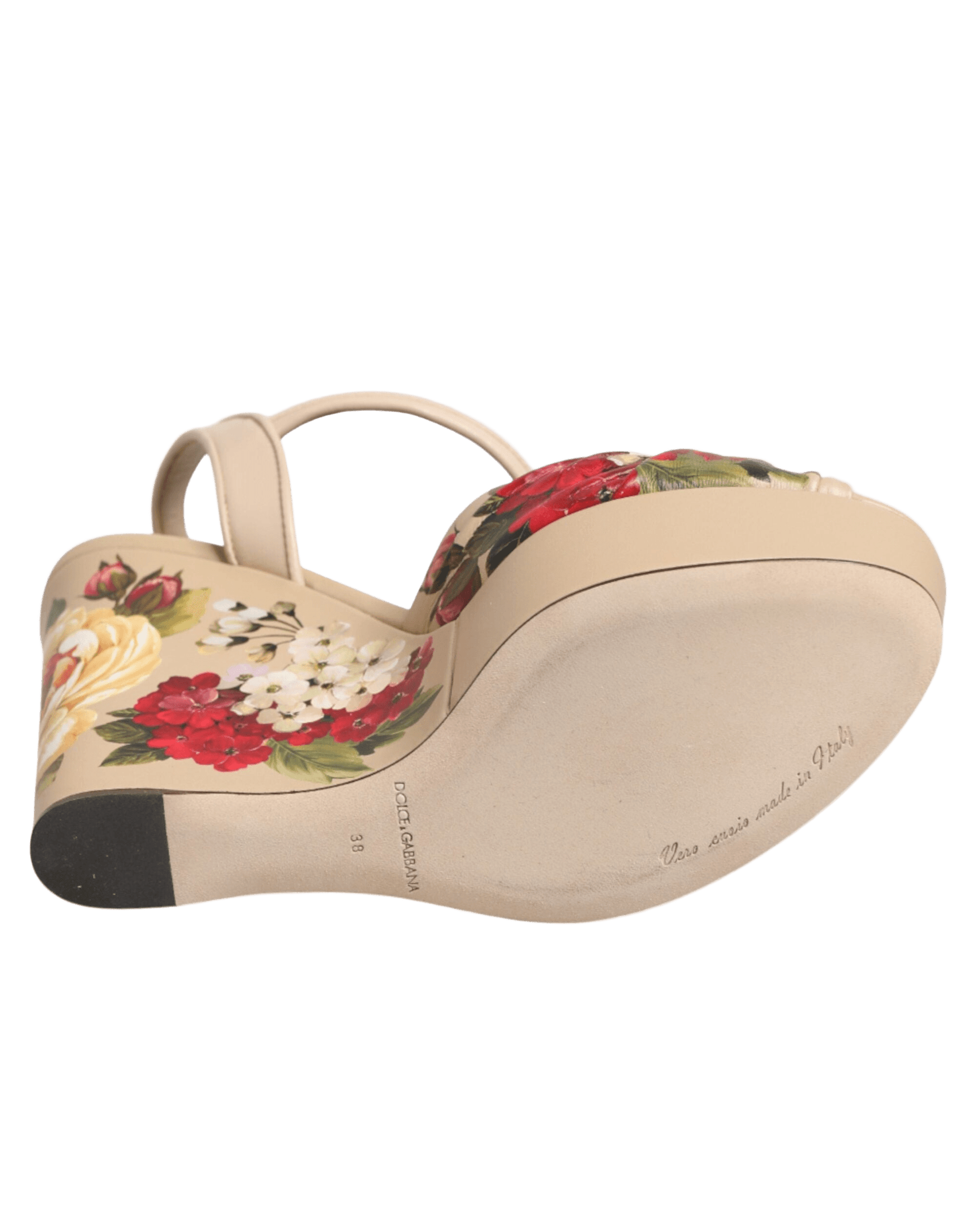 Dolce & Gabbana Beige Floral Ankle Strap Wedge Sandals Shoes Sandals