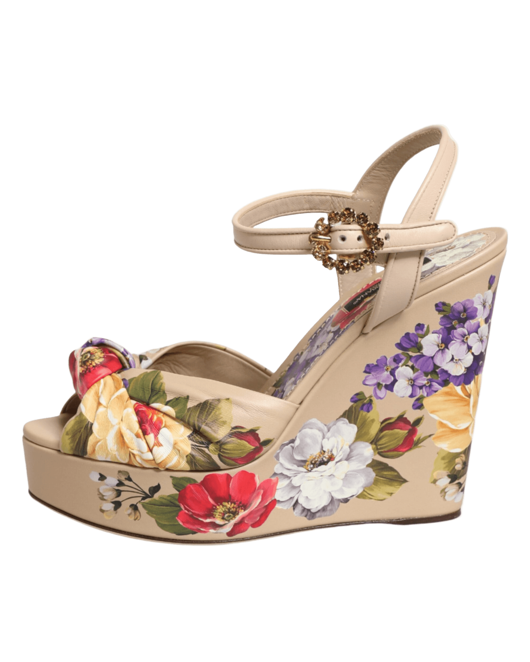 Dolce & Gabbana Beige Floral Ankle Strap Wedge Sandals Shoes Sandals