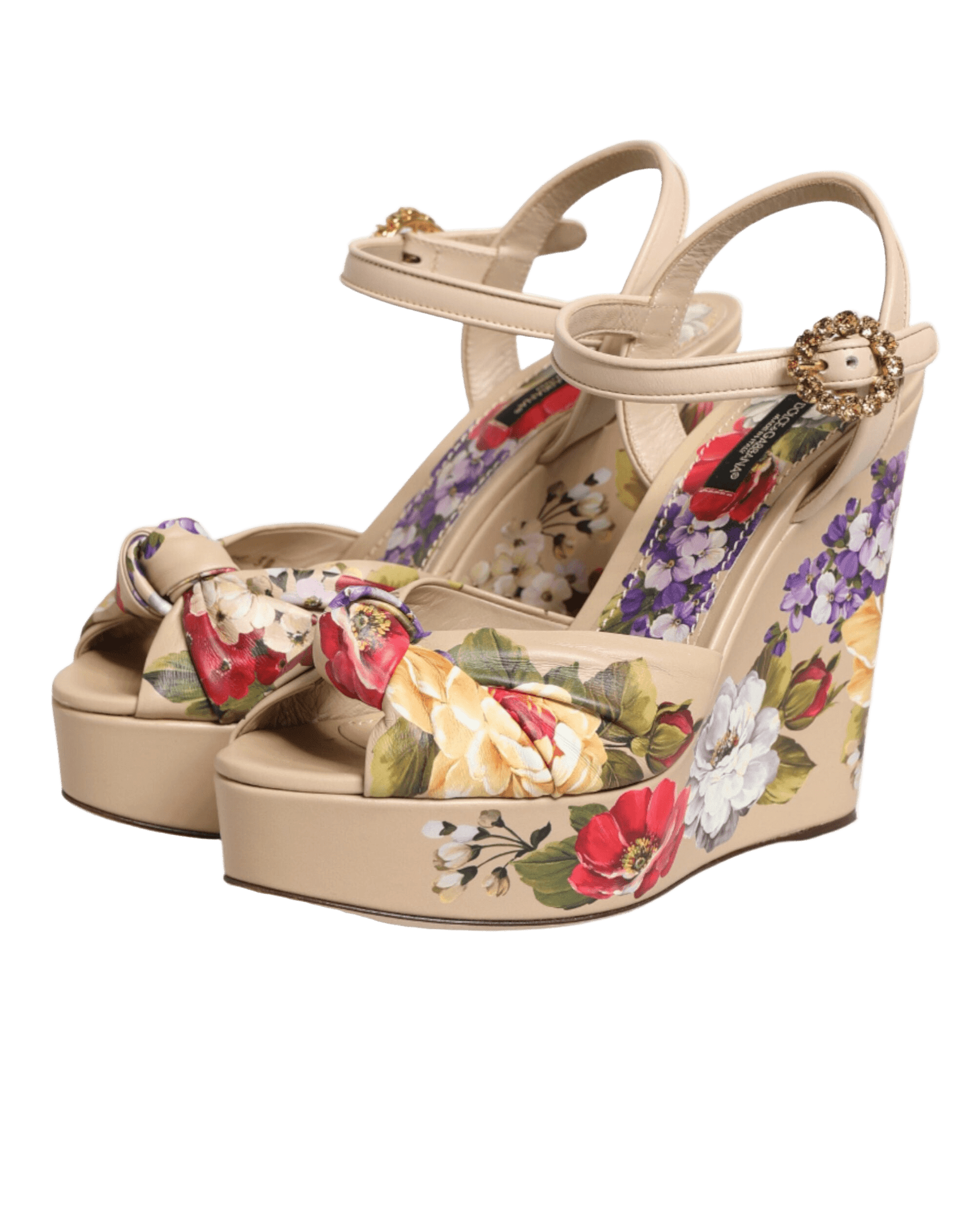 Dolce & Gabbana Beige Floral Ankle Strap Wedge Sandals Shoes Sandals