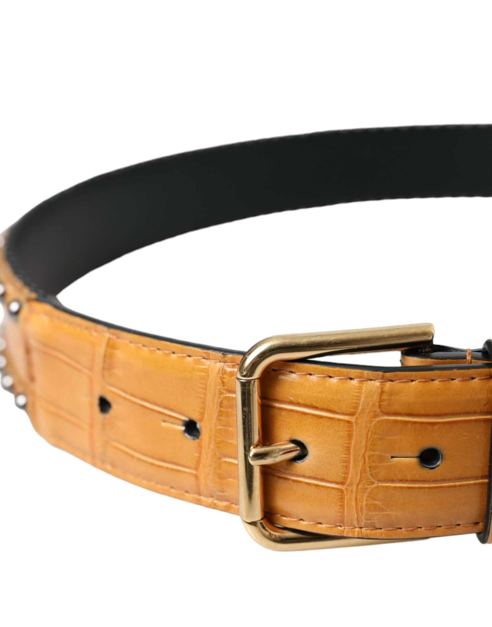 Dolce & Gabbana Beige Leather Alligator Studded Metal Buckle Belt Belts