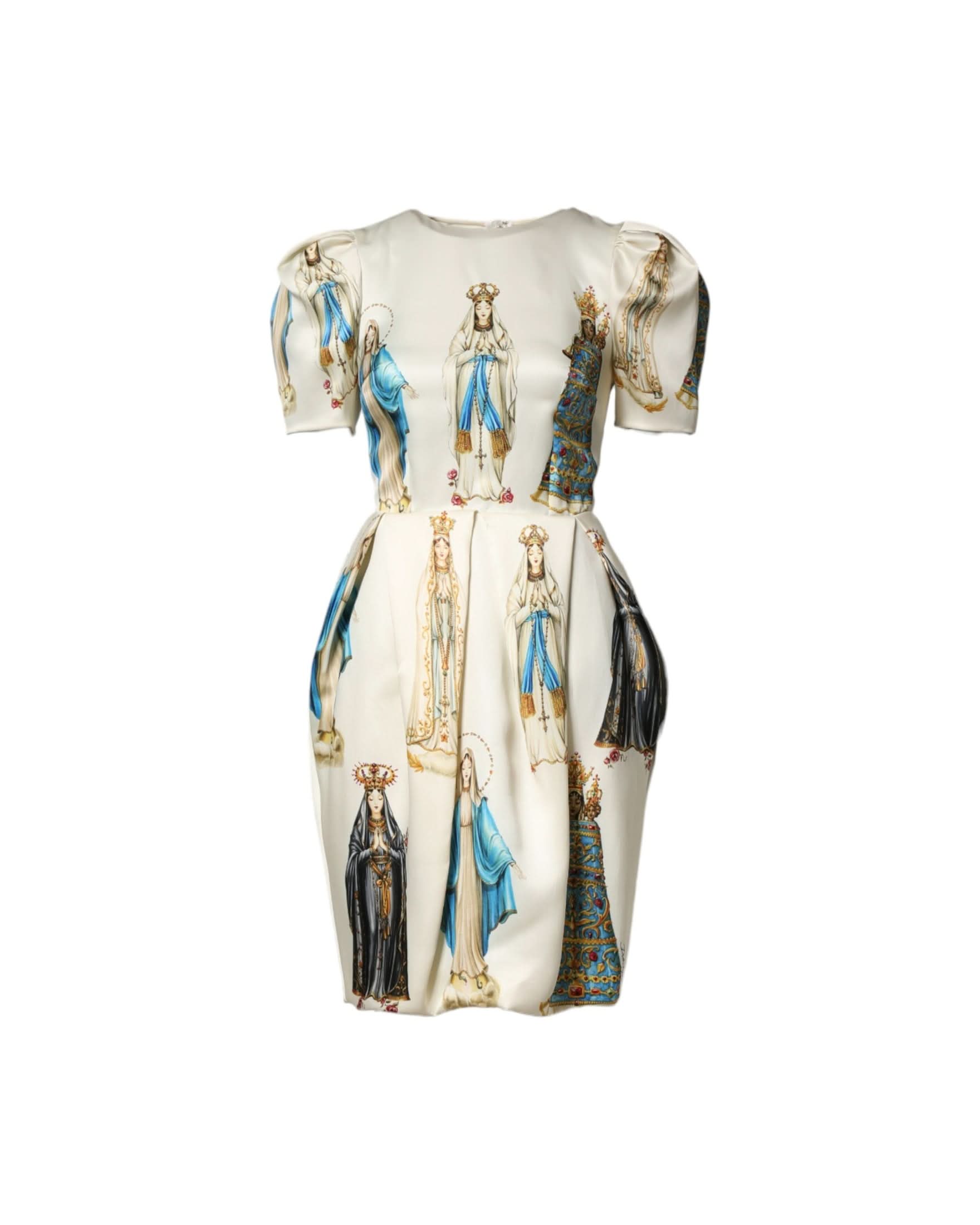 Dolce & Gabbana Beige Silk Madonne Print Short Sleeve Dress Dresses