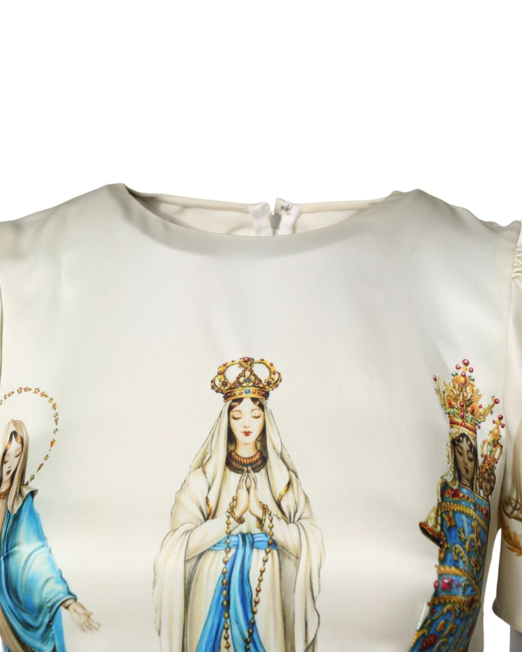 Dolce & Gabbana Beige Silk Madonne Print Short Sleeve Dress Dresses