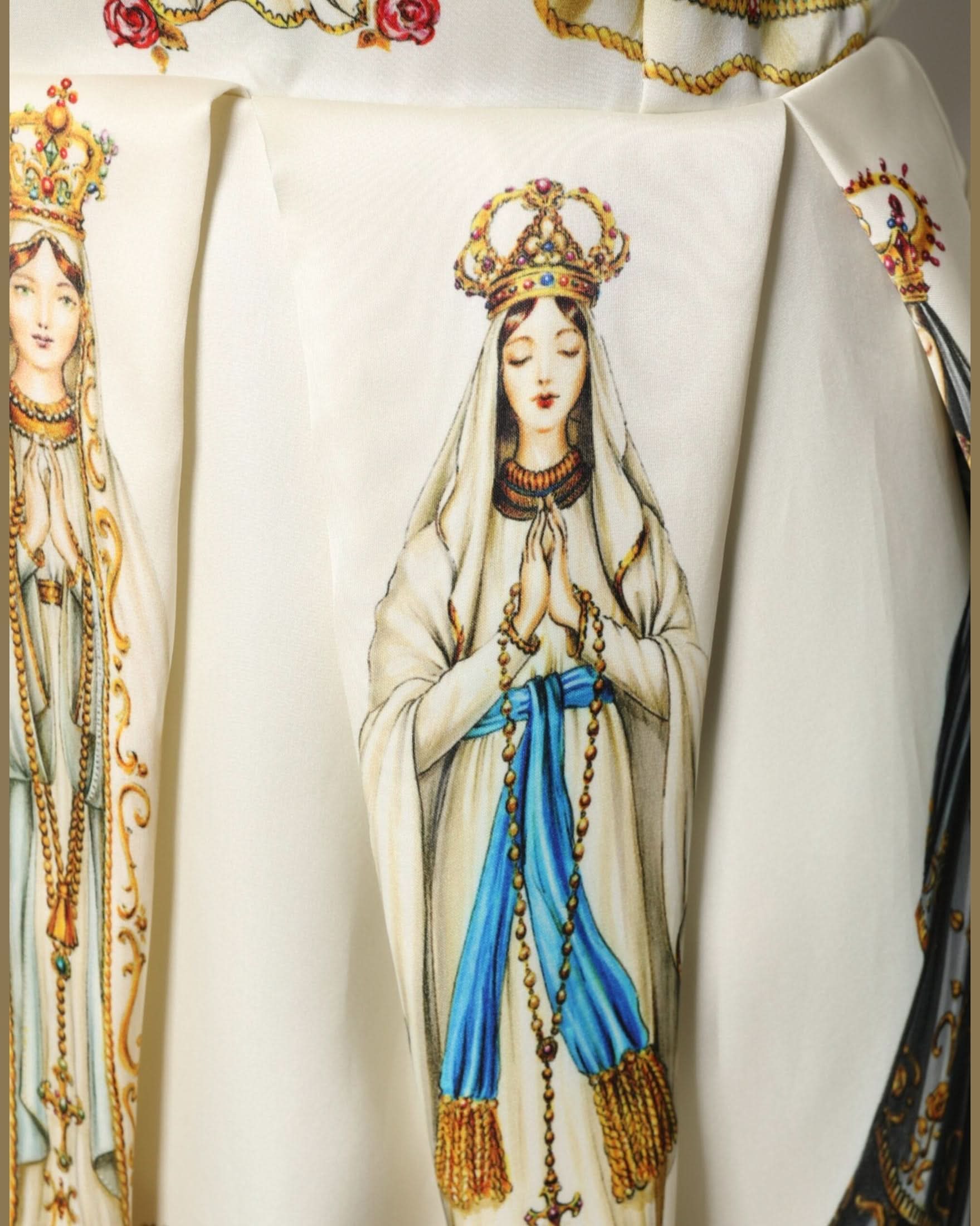 Dolce & Gabbana Beige Silk Madonne Print Short Sleeve Dress Dresses
