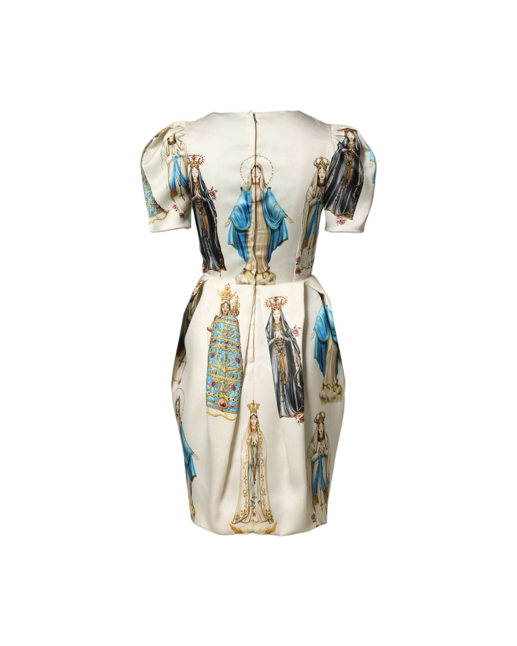 Dolce & Gabbana Beige Silk Madonne Print Short Sleeve Dress Dresses