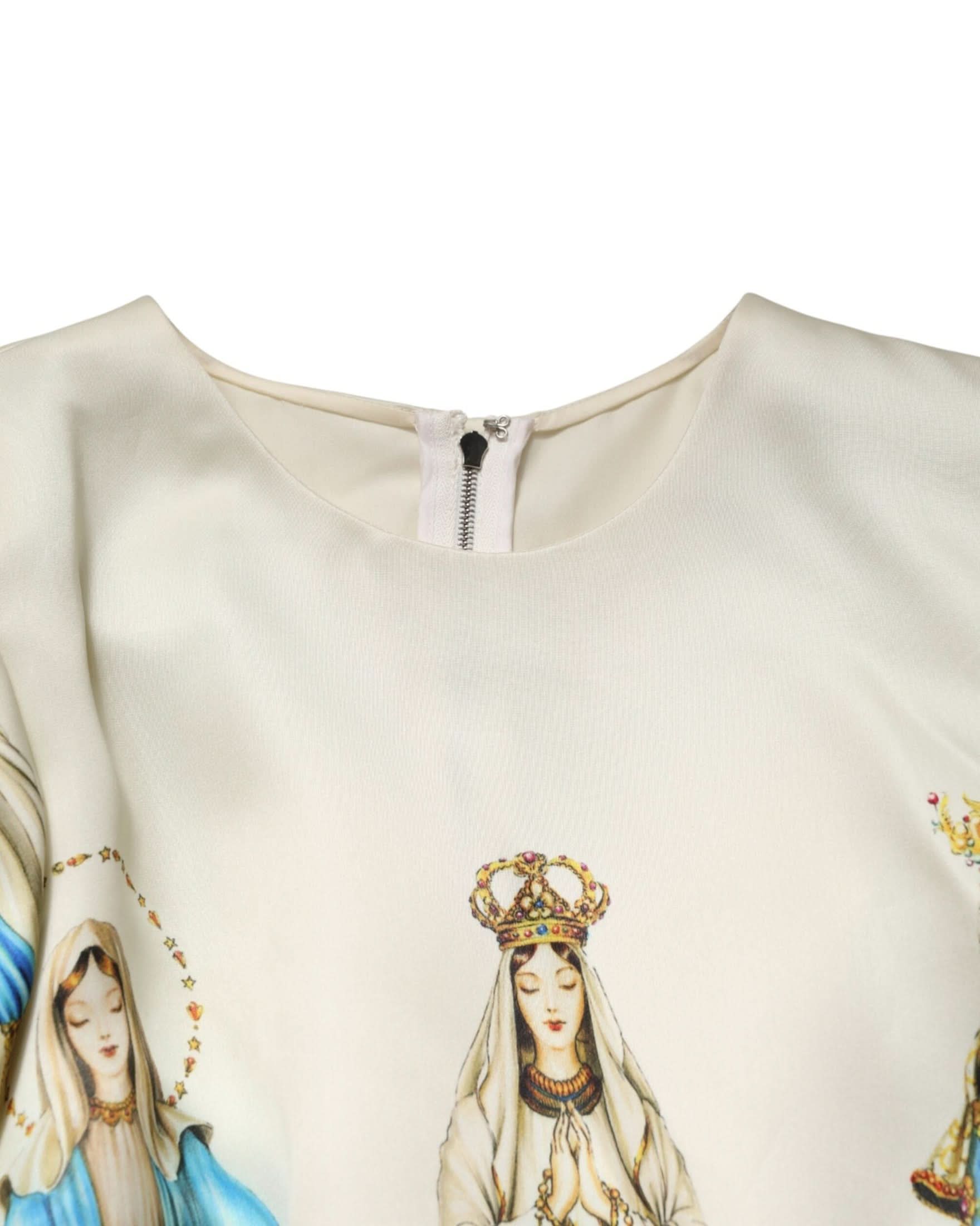 Dolce & Gabbana Beige Silk Madonne Print Short Sleeve Dress Dresses