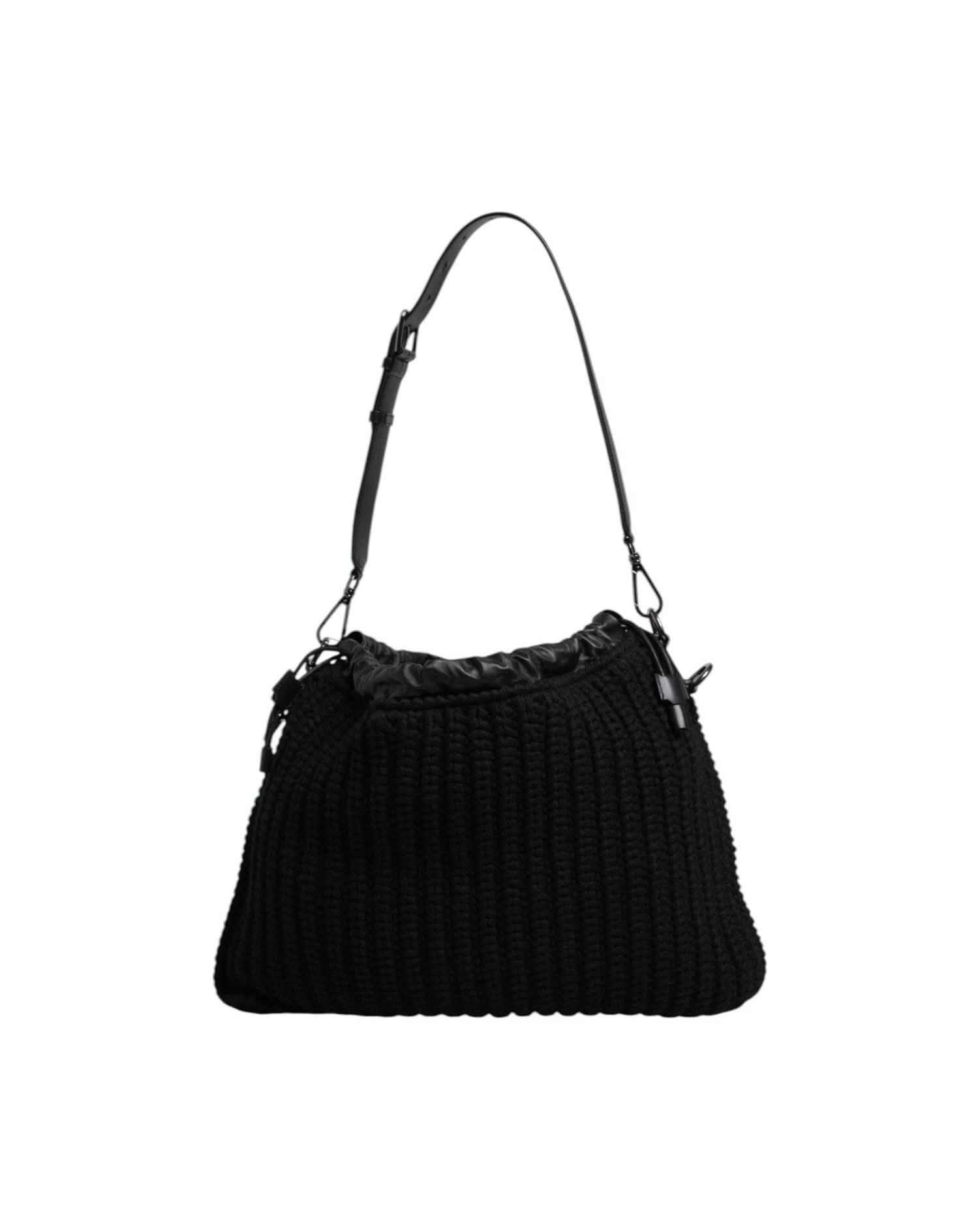 Dolce & Gabbana Black Cashmere Knitted Leather Shoulder Bag Shoulder Bags