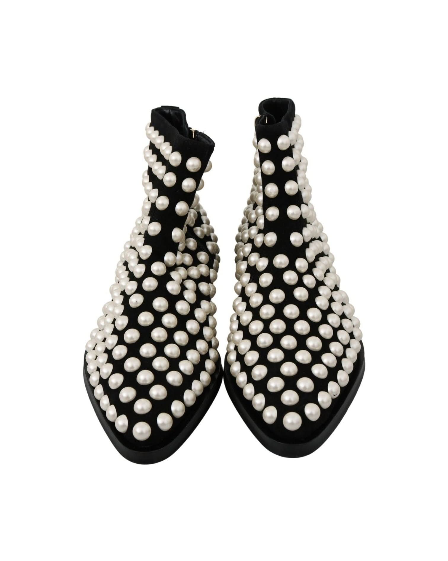 Dolce & Gabbana Pearl Embellished Black Suede Ankle Boots Boots