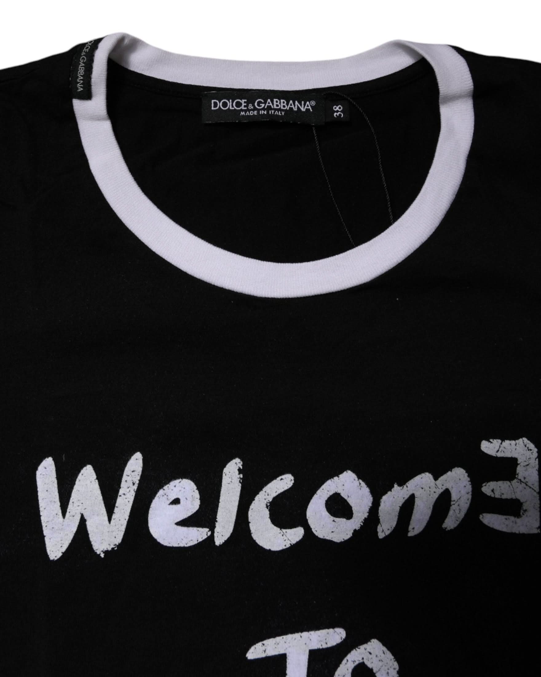 Dolce & Gabbana Black Cotton Printed Round Neck Top T-Shirt T-Shirts