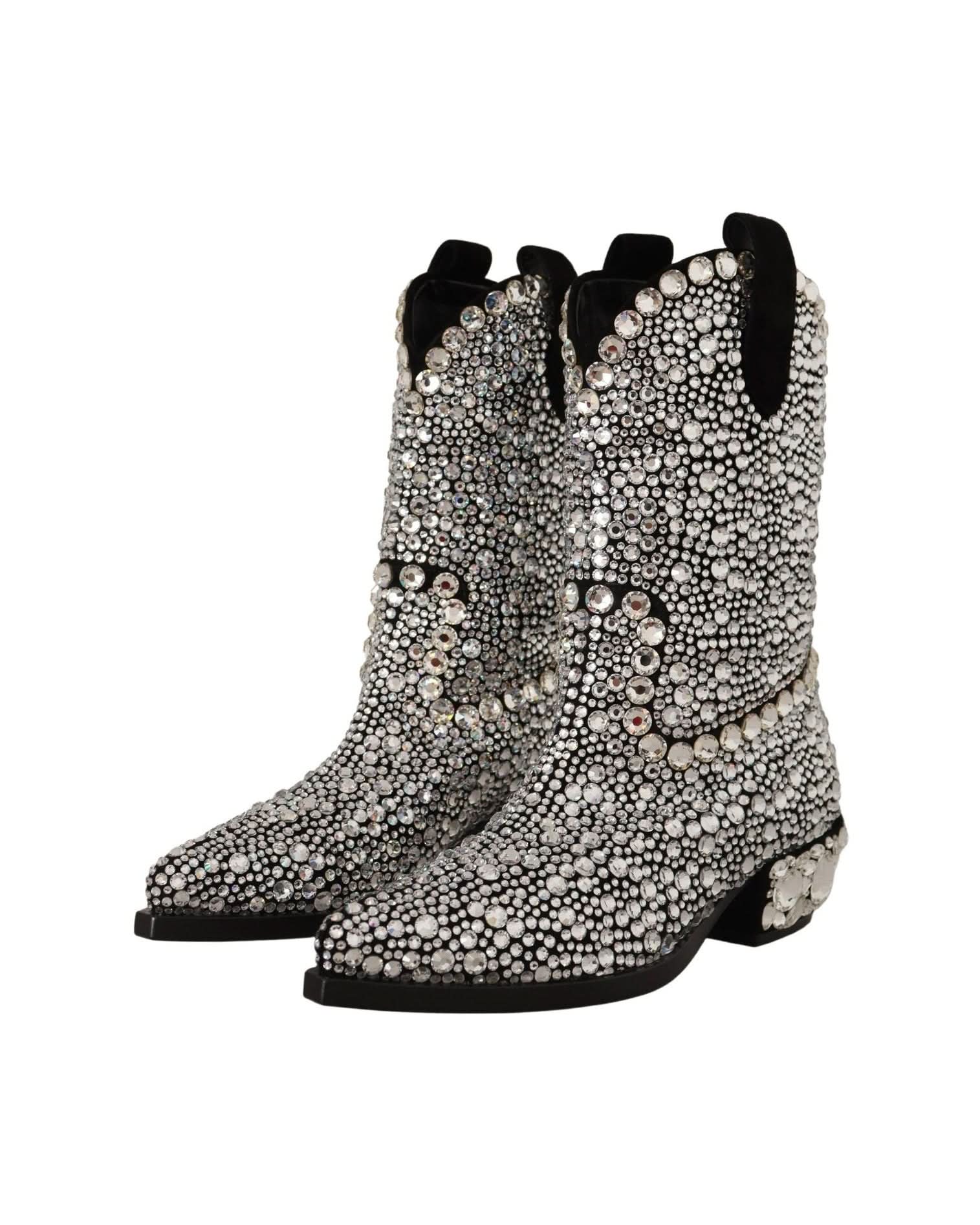 Dolce & Gabbana Black Crystal-Embellished Suede Boots Boots