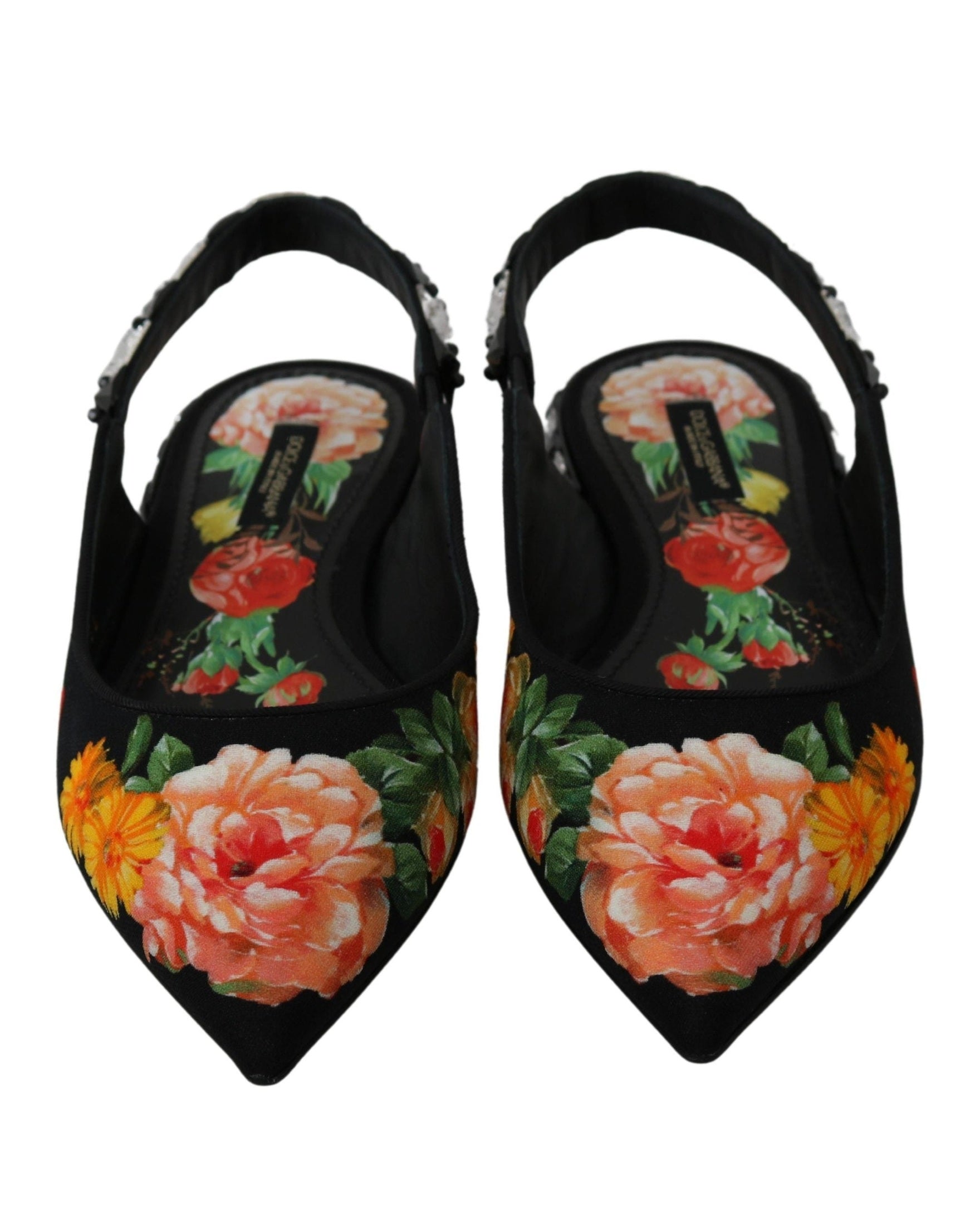 Dolce & Gabbana Black Floral Crystal Slingbacks Flats Flats