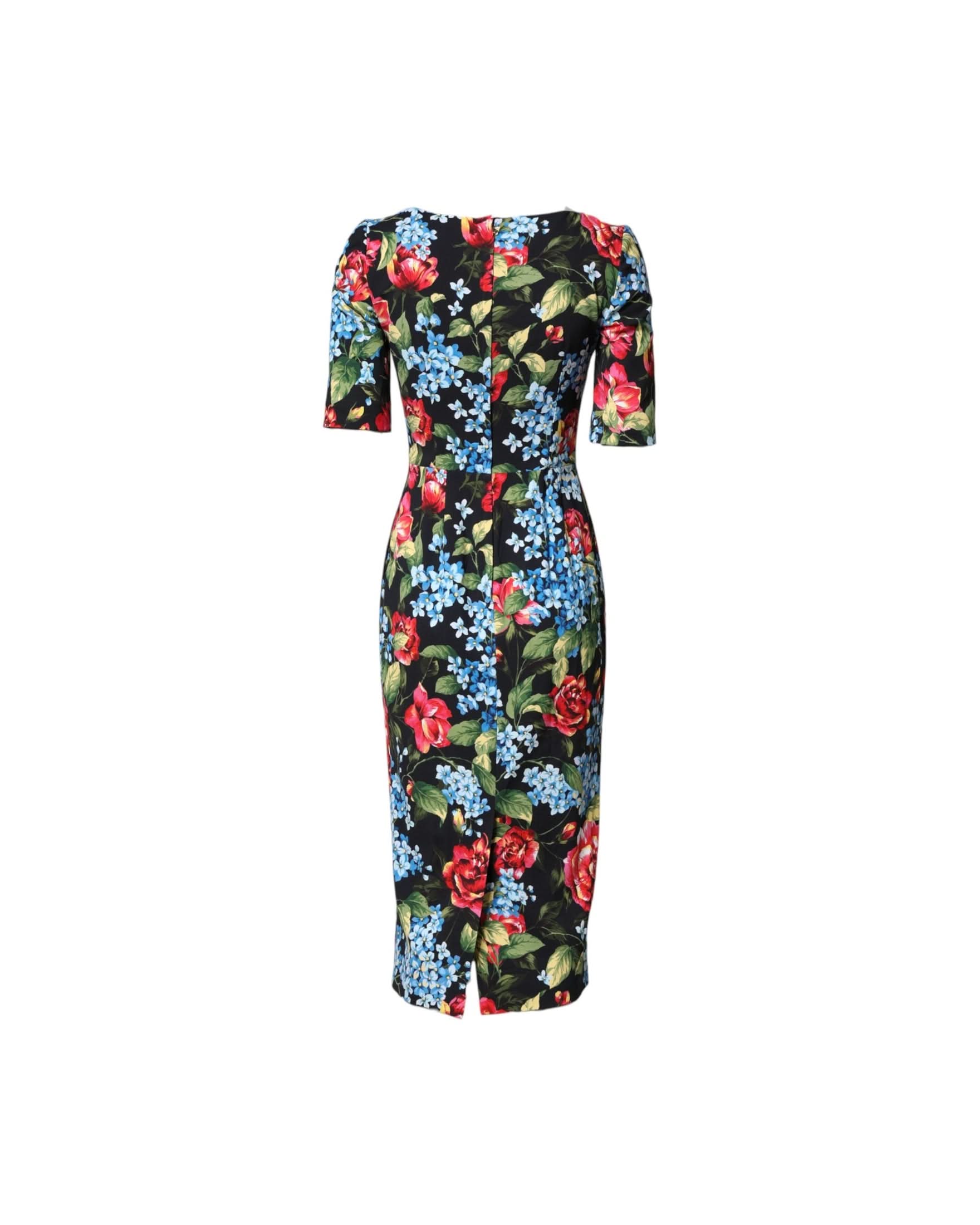 Dolce & Gabbana Black Floral Print Viscose Sheath Midi Dress Dresses