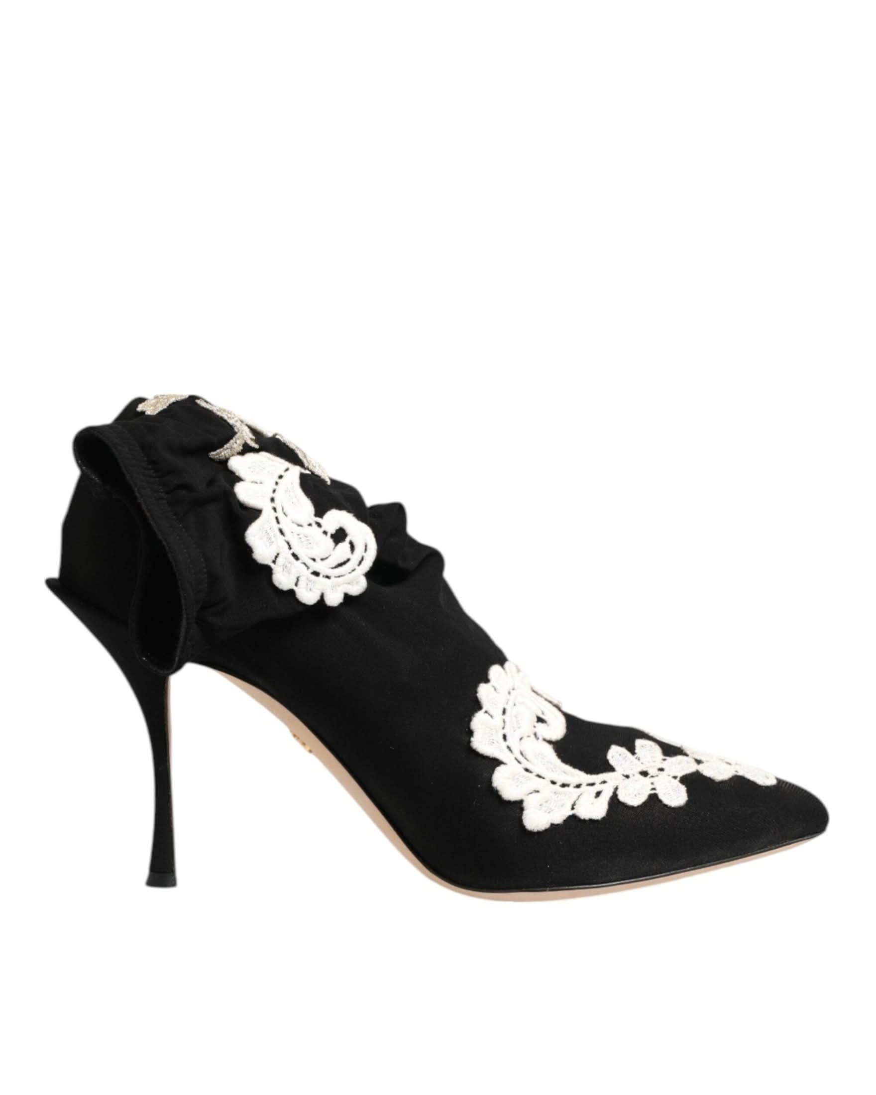 Dolce & Gabbana Black Jersey White Embroidered Stiletto Boots Shoes Boots