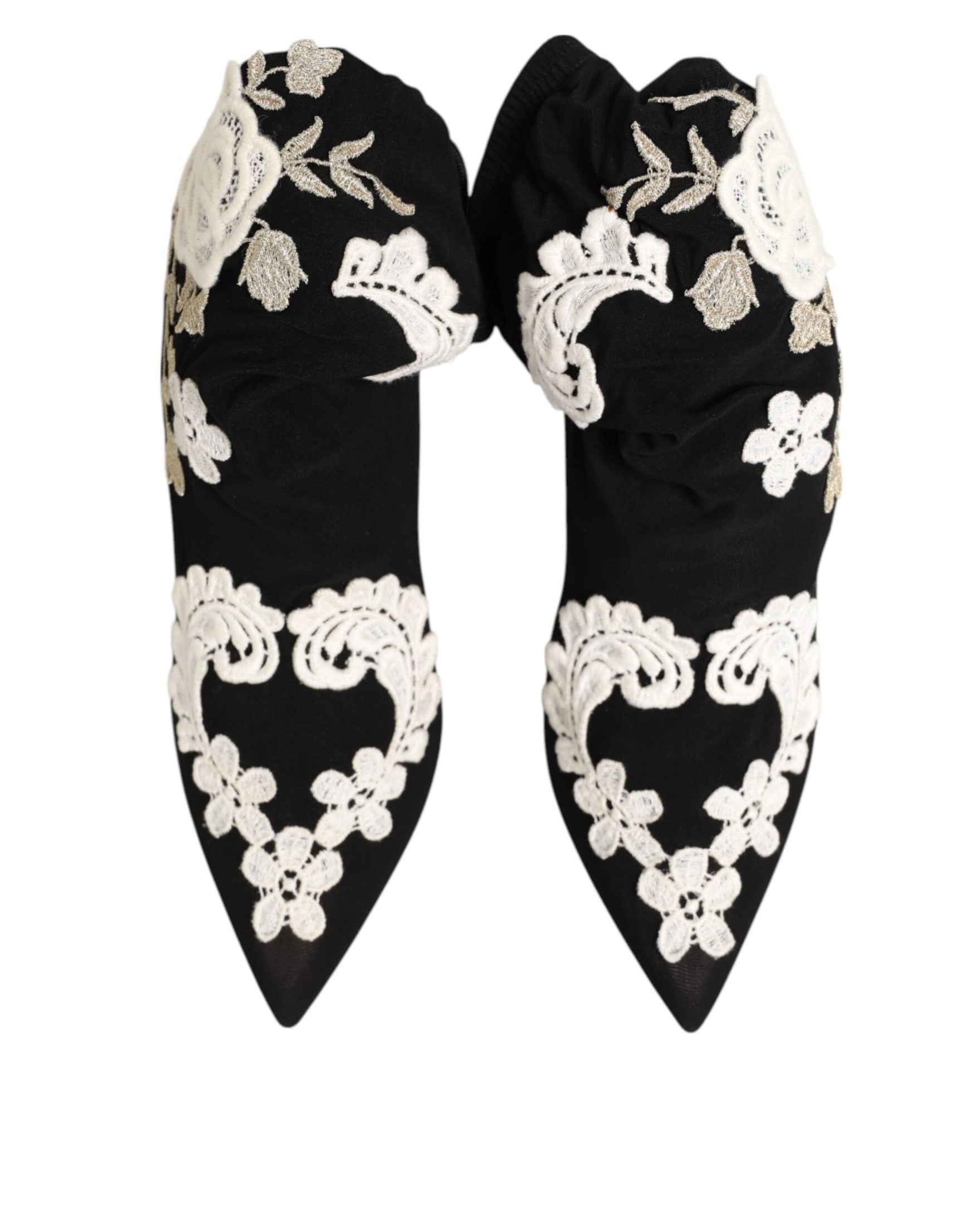 Dolce & Gabbana Black Jersey White Embroidered Stiletto Boots Shoes Glam Steals