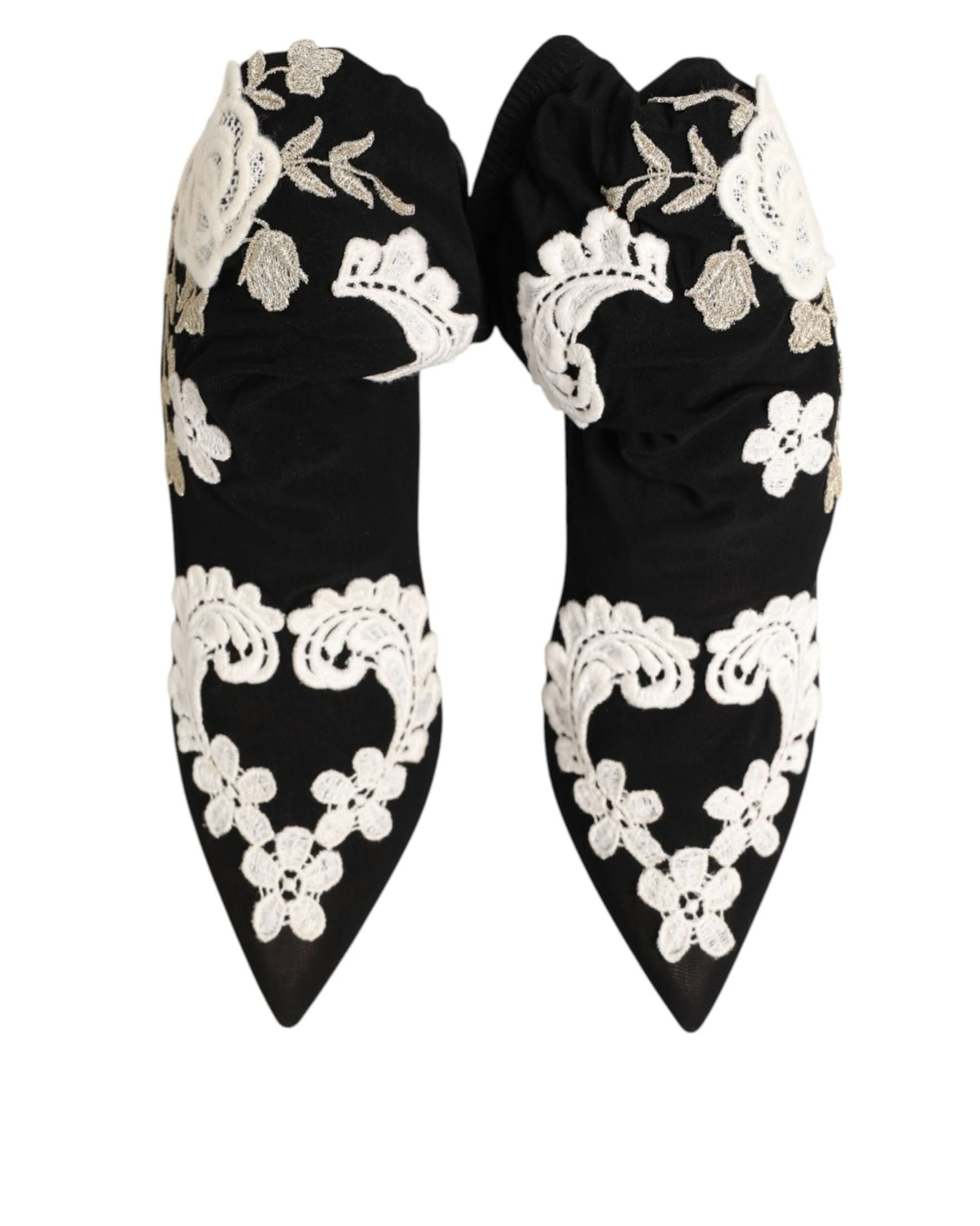 Dolce & Gabbana Black Jersey White Embroidered Stiletto Boots Shoes Boots